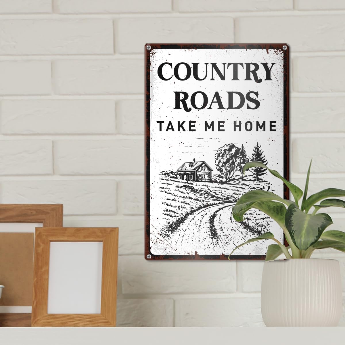 Country Roads Take Me Home Metal Tin Sign, Rustic Farmhouse Wall Decor, Vintage Country Road Sign for Living Room Porch Deck Garden, Rural Home Decoration, 12x8 Inch