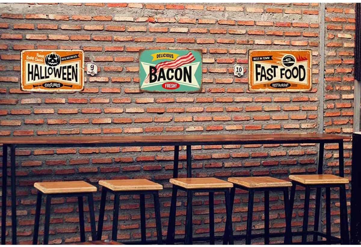 AOYEGO Bacon Tin Sign,Delicious Food Meat Vintage Metal Tin Signs for Cafes Bars Pubs Shop Wall Decorative Funny Retro Signs for Men Women 8x12 Inch