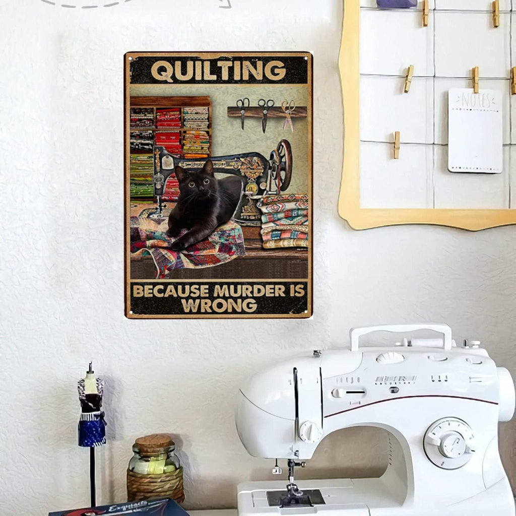 EMOHAT Quilting Because Murder Is Wrong Black Cat For Sewing Room Decor Gifts Best Decor Gift Ideas For Friends Metal Tin Painting Wall Decoration 8x12 Inch