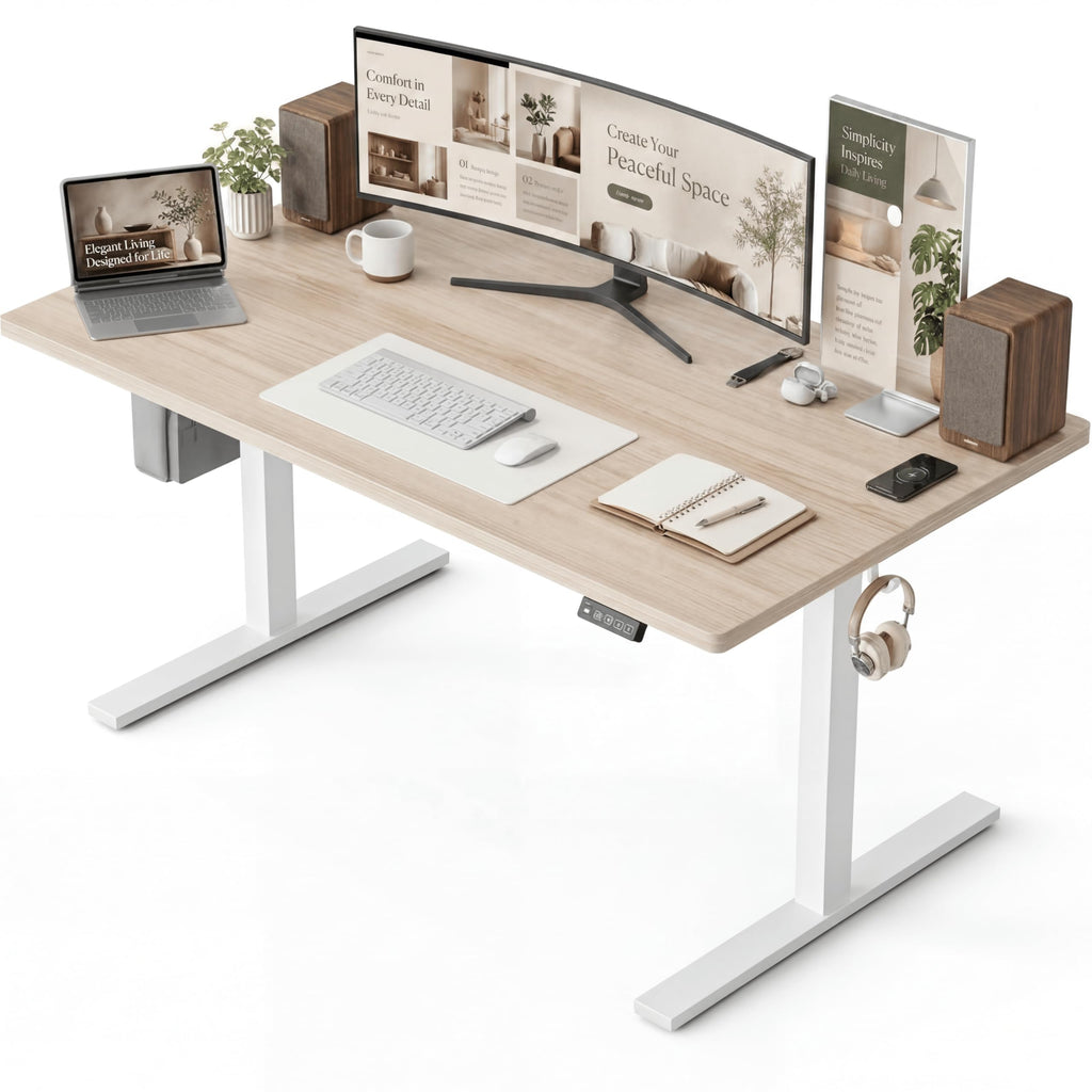 Grandder 55x32 Extra-Deep Electric Standing Desk, Wide Desktop Fits 49" Ultrawide Monitor+Dual Screens, 176 lbs Capacity, 2 Memory Presets, Anti Collision, Computer Desk for Home Office & Gaming, Oak