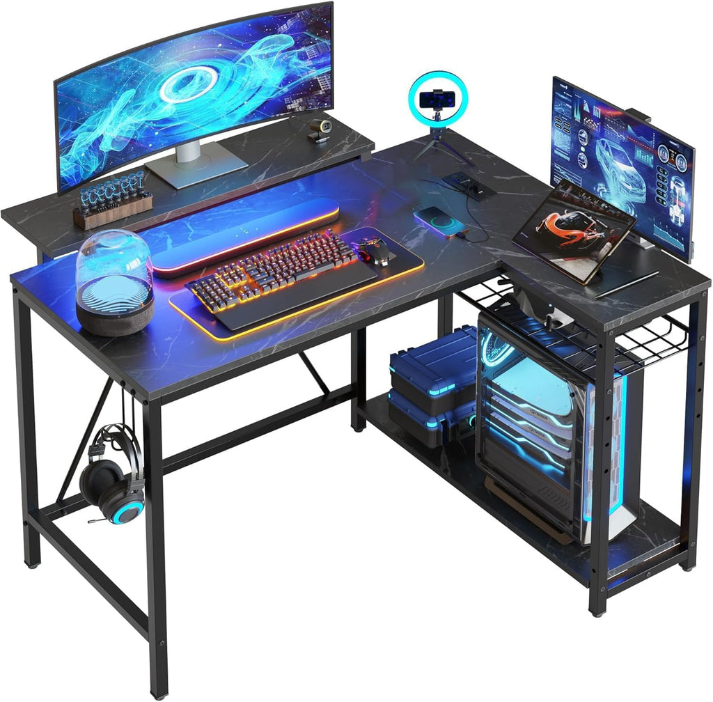 Bestier White Computer Desk with Charging Port & LED Strip,42 inch Modern Gaming Desk with Reversible Storage Shelves,Small L Shaped Desk with Hooks for Home Office