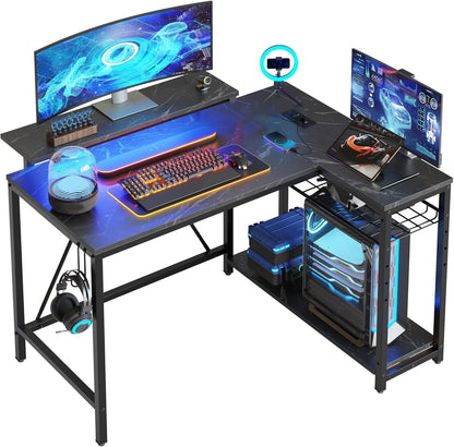Bestier White Computer Desk with Charging Port & LED Strip,42 inch Modern Gaming Desk with Reversible Storage Shelves,Small L Shaped Desk with Hooks for Home Office