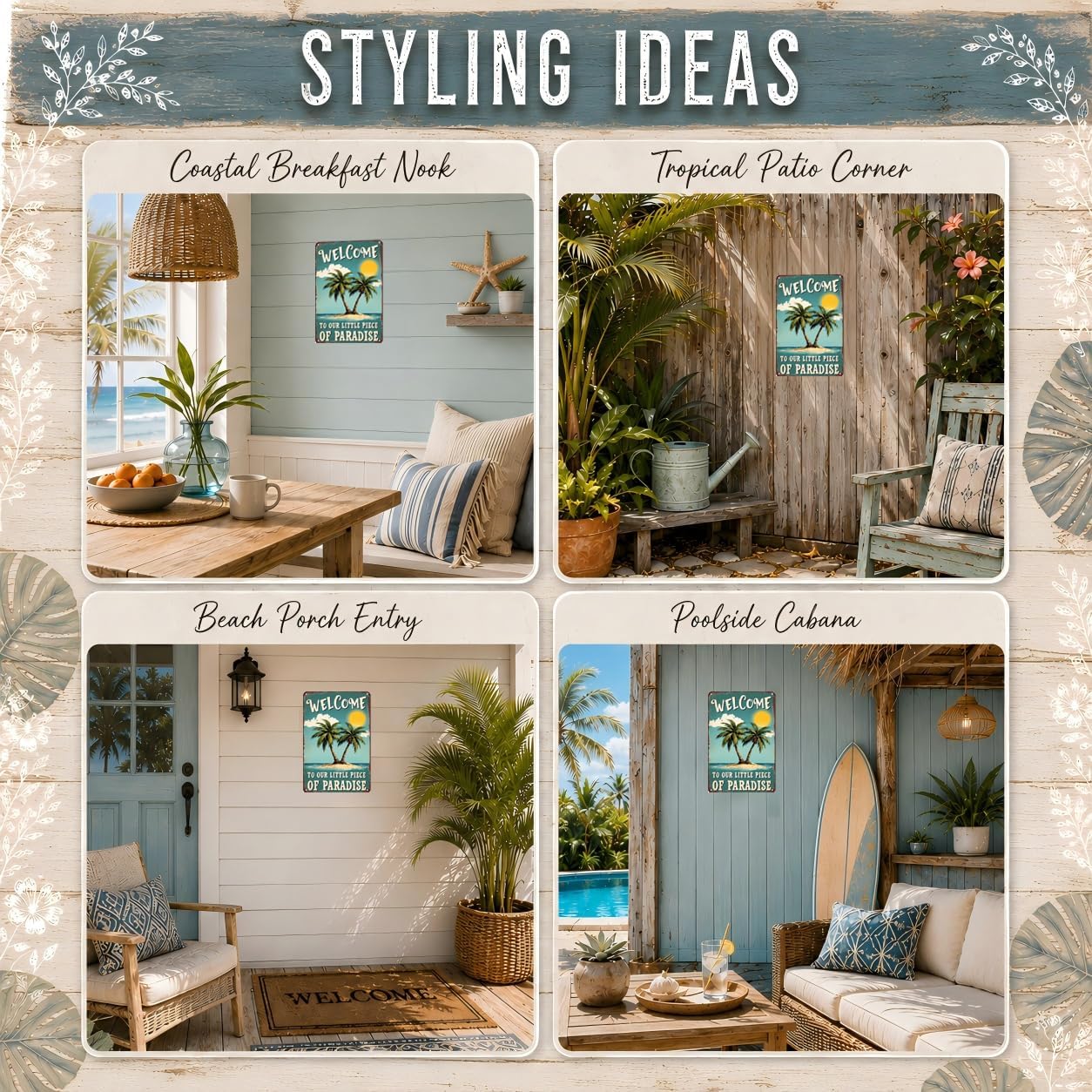 Tropical Paradise Welcome Tin Sign - Metal 12x8 Inch Coastal Rustic Wall Art for Beach House, Patio, Garden, Gift for Vacation Home Owners