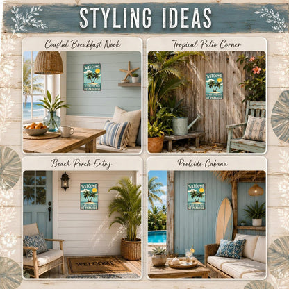 Tropical Paradise Welcome Tin Sign - Metal 12x8 Inch Coastal Rustic Wall Art for Beach House, Patio, Garden, Gift for Vacation Home Owners