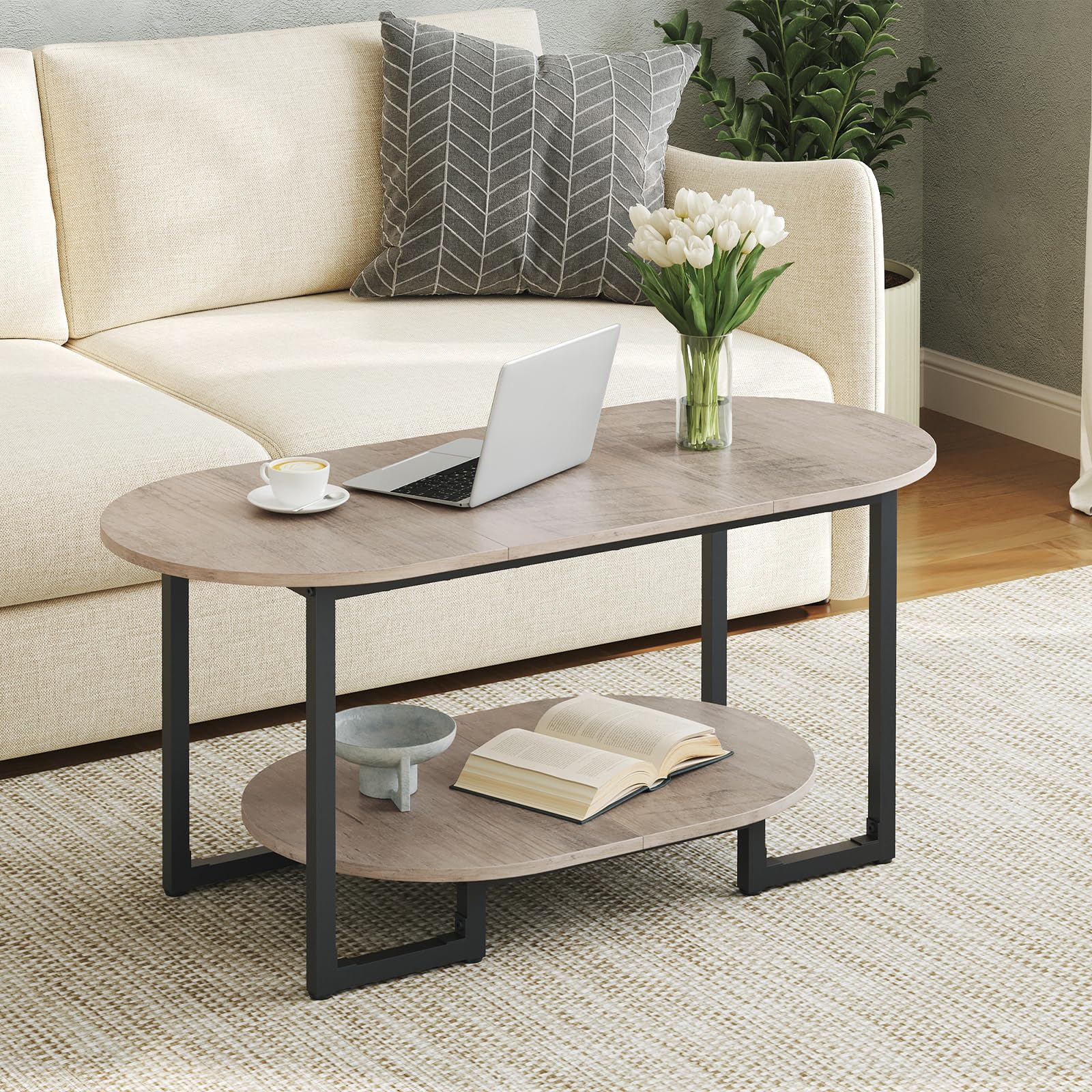 Coffee Table for Living Room, Oval Small Coffee Table with 2-Tier Open Storage Shelf, Industrial Cocktail Tea Table, Wooden Desktop Center Table, Farmhouse, Home Office, Rustic Brown BF09KF01