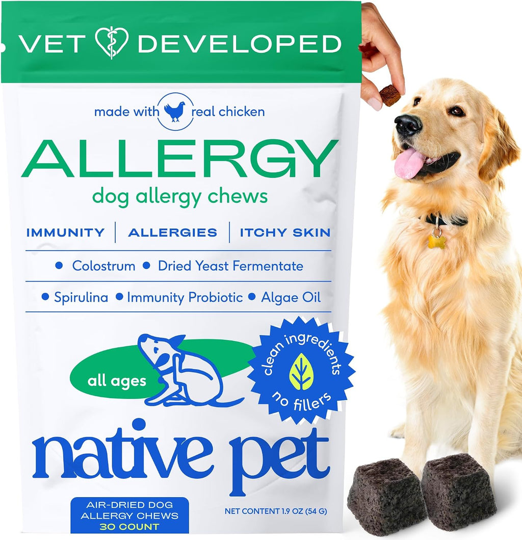 Native Pet Dog Allergy Chews - Dog Allergy Relief for Medium Breeds - Supports Seasonal Itch Relief, Healthy Immune Function & Reduces Sneezing - Colostrum, Spirulina, & Probiotics - 30 Days Supply