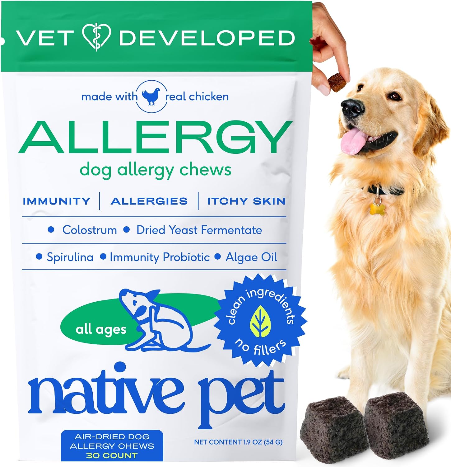 Native Pet Dog Allergy Chews - Dog Allergy Relief for Medium Breeds - Supports Seasonal Itch Relief, Healthy Immune Function & Reduces Sneezing - Colostrum, Spirulina, & Probiotics - 30 Days Supply