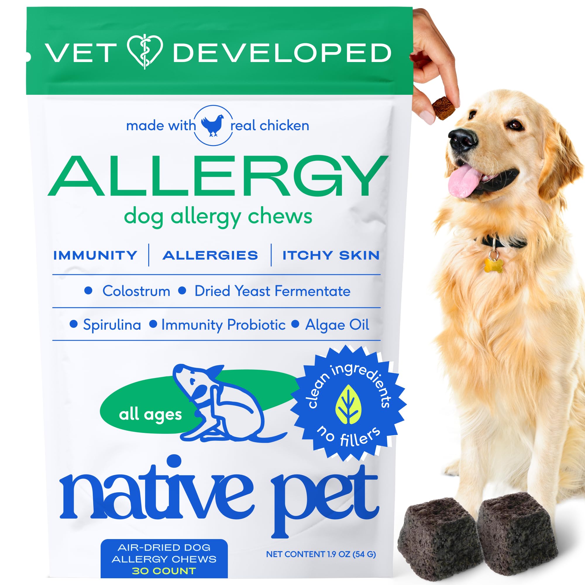 Native Pet Dog Allergy Chews - Dog Allergy Relief for Medium Breeds - Supports Seasonal Itch Relief, Healthy Immune Function & Reduces Sneezing - Colostrum, Spirulina, & Probiotics - 30 Days Supply