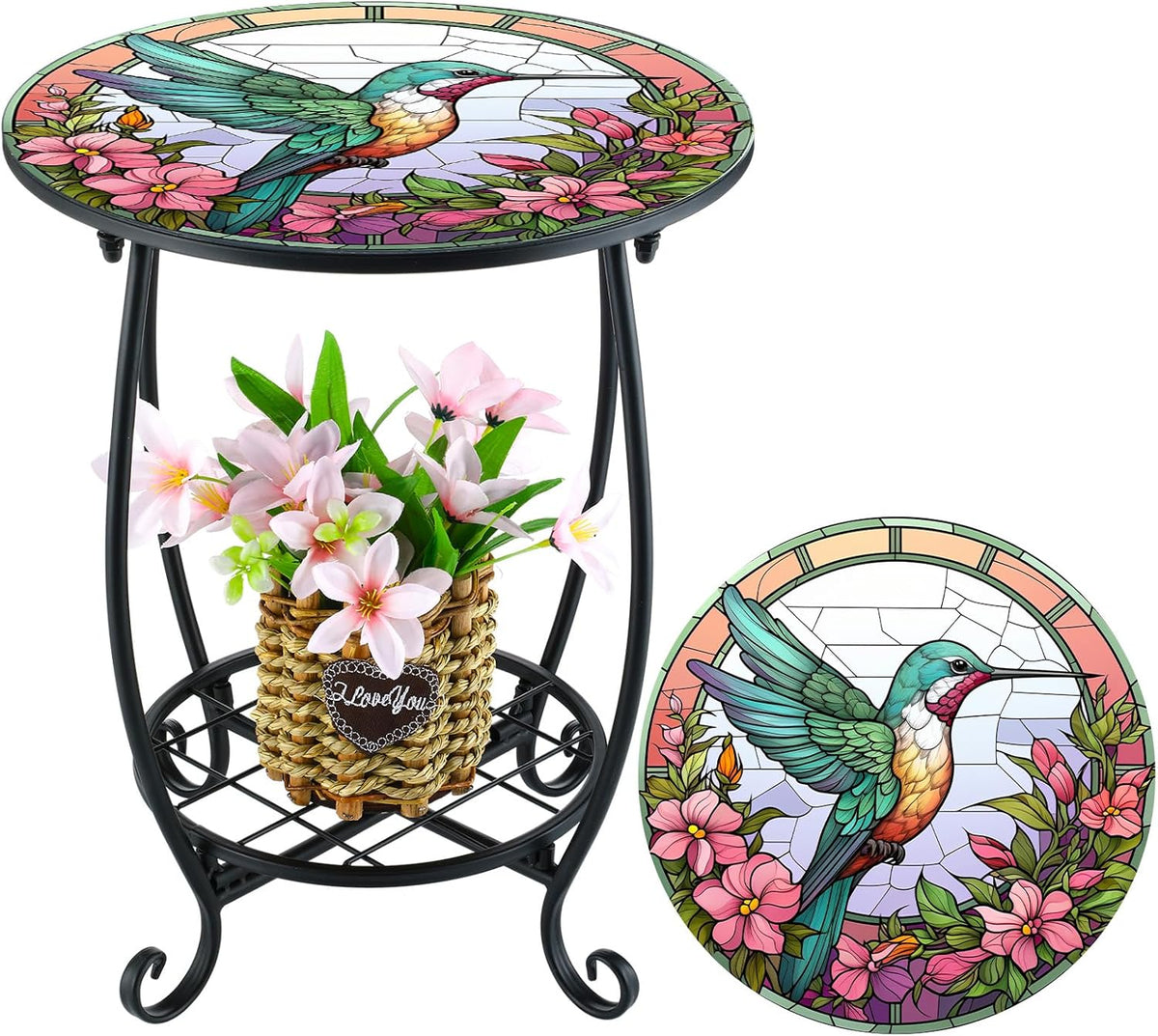 Cinnvoice Outdoor Side Table Round Small Mosaic Patio Accent Indoor End Plant Coffee Tea Table for Yard Patio Porch Garden Living Room, Bedroom(Butterfly Style,14 Inch)