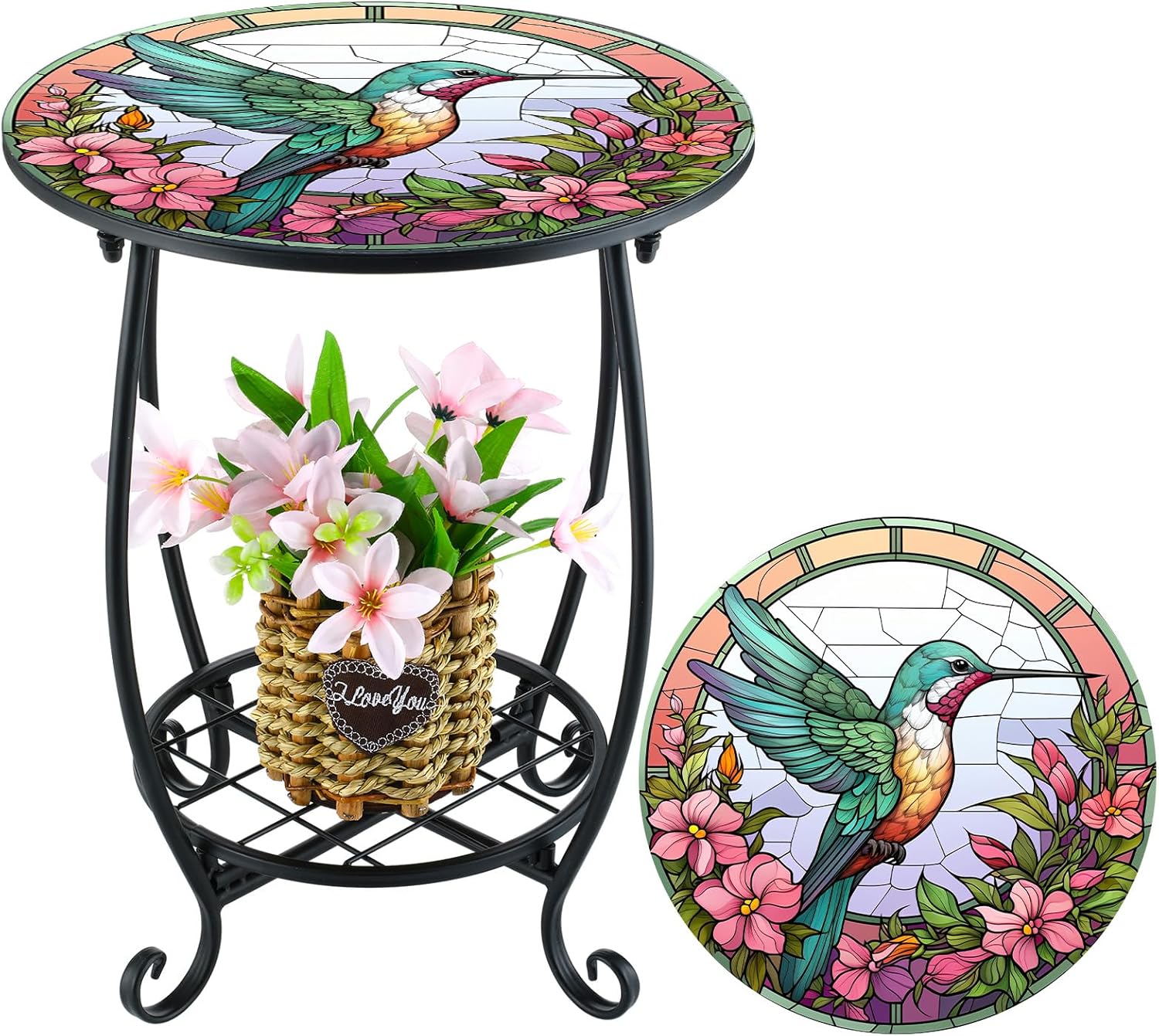 Cinnvoice Outdoor Side Table Round Small Mosaic Patio Accent Indoor End Plant Coffee Tea Table for Yard Patio Porch Garden Living Room, Bedroom(Butterfly Style,14 Inch)