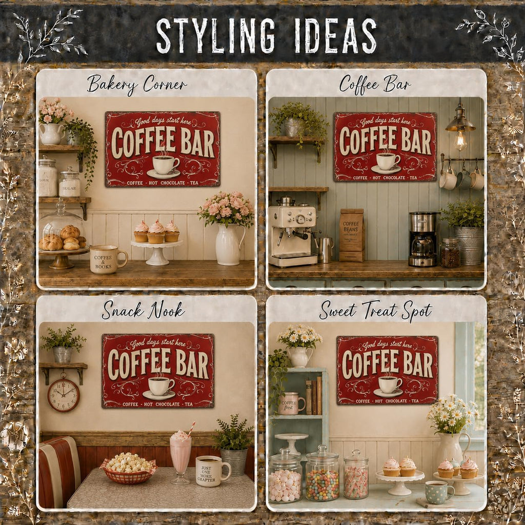Coffee Bar Tin Sign - Tin Metal 12x8 Inch Vintage Red Retro Kitchen Café Wall Art for Home Bar, Dining Room, Bistro, Gift for Drink Lovers