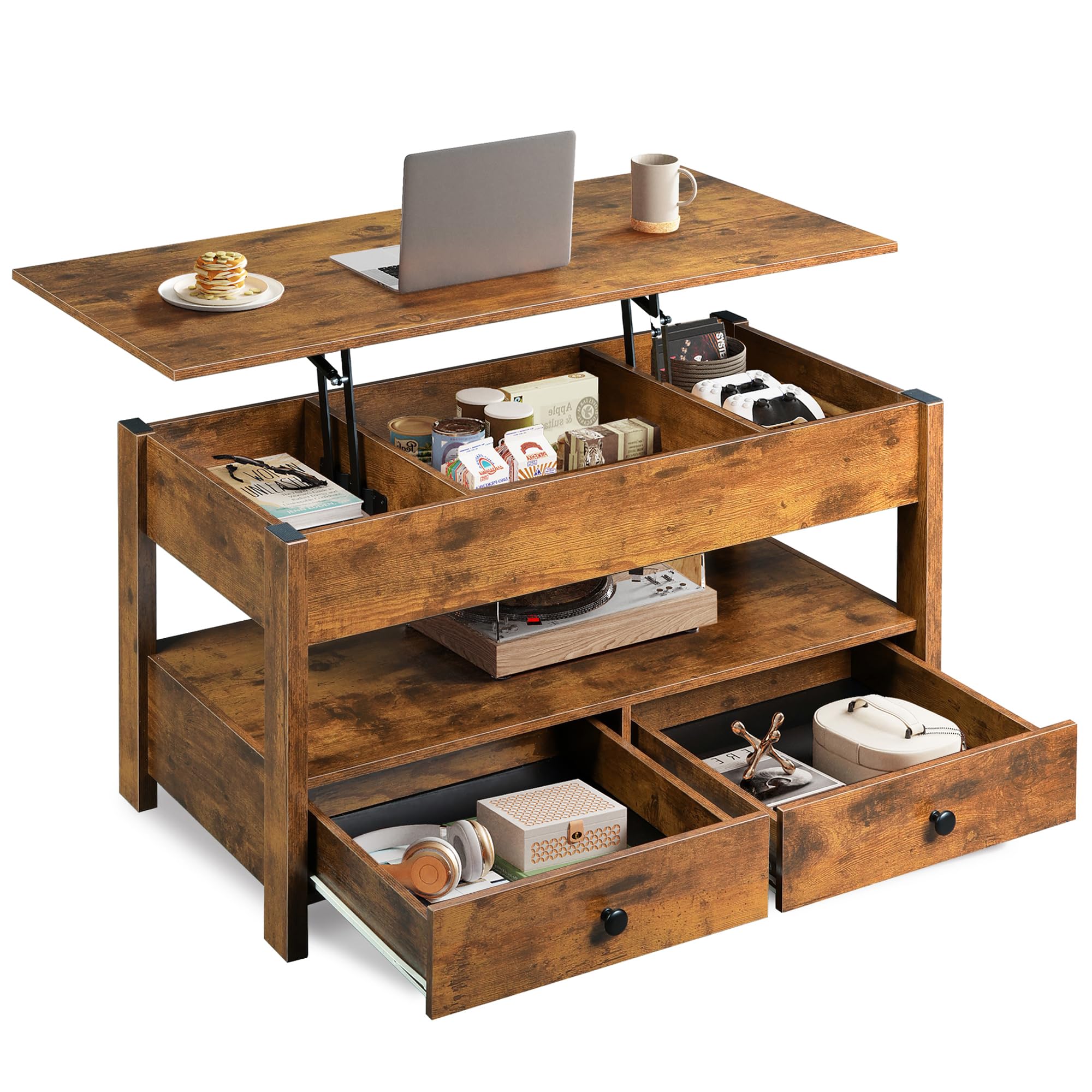 WLIVE Coffee Table with Lifting Top, Hidden Storage & Adjustable Shelf for Living Room Small Space, Multifunctional Rising Wooden Center Table, Mid Century Modern Tables for Home Dining Office, Brown