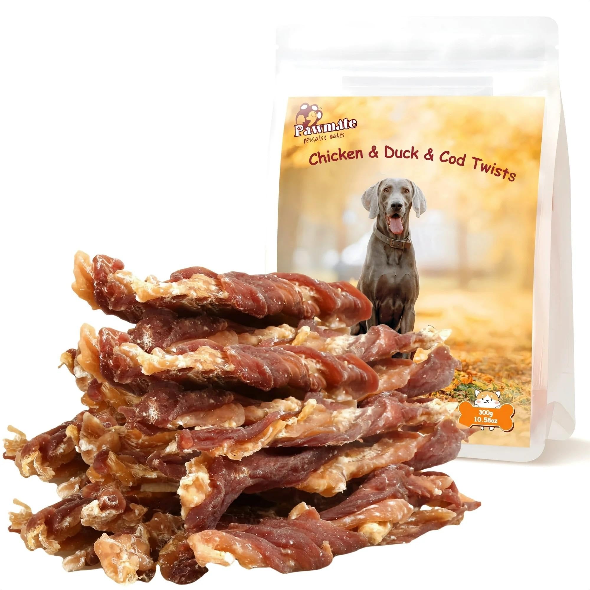 Pawmate Duck Jerky Dog Treats, Natural Healthy Duck Twisted Strips with 1% Taurine, High Protain Low Fat Dog Training Rewards Treats for Small Medium Large Breeds, 10.6 oz