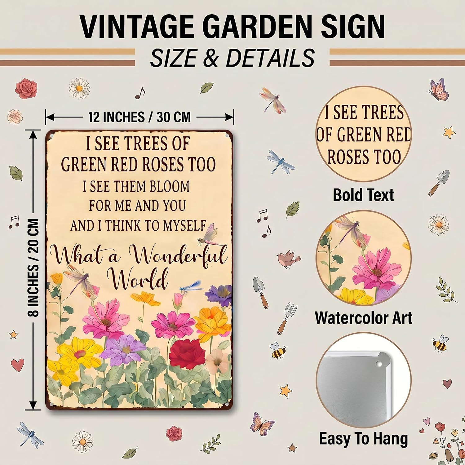 BHOKEM Vintage Garden Sign - What A Wonderful World Funny Tin Sign for Garden, Yard, Patio, Porch, Greenhouse Decor 8x12 Inch
