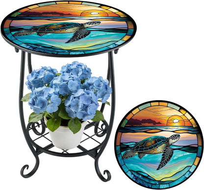 Cinnvoice Outdoor Side Table Round Small Mosaic Patio Accent Indoor End Plant Coffee Tea Table for Yard Patio Porch Garden Living Room, Bedroom(Butterfly Style,14 Inch)