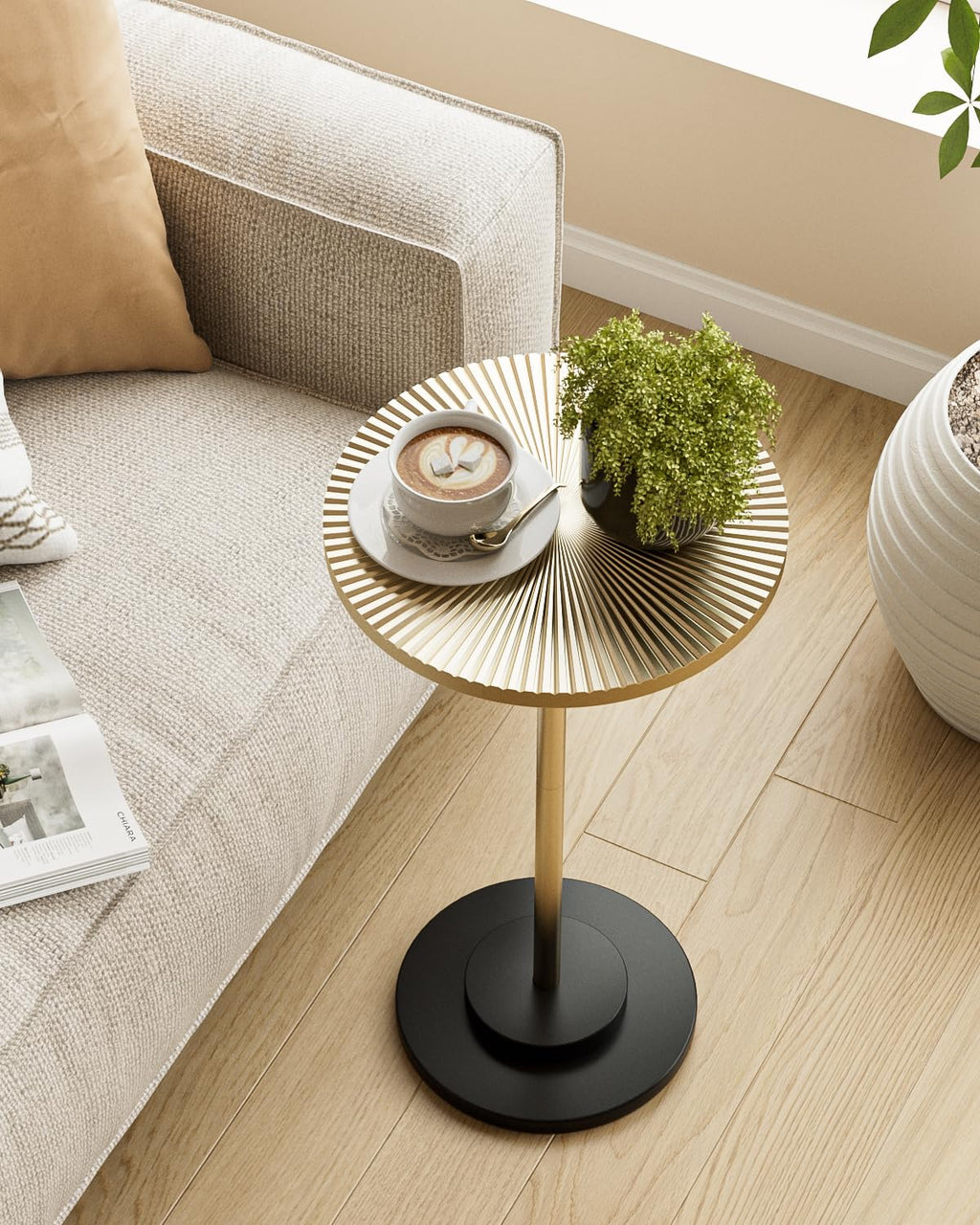 Round Side Table, Small Drink Table for Small Spaces, Modern Accent End Table with Metal Leg for Living Room, Bedroom, Corners, and Office (Black Marble)