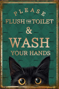 EMOHAT Metal Aluminum Plaque Sign Decoration Funny Black Cat Please Flush Toilet Wash Your Hands Cute Sign Home Bathroom Restroom Toilet Wall Art Decor Metal Poster Tin Sign 8x12 Inch