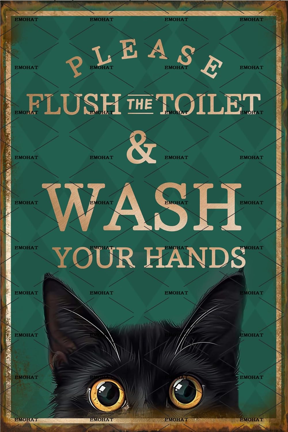 EMOHAT Metal Aluminum Plaque Sign Decoration Funny Black Cat Please Flush Toilet Wash Your Hands Cute Sign Home Bathroom Restroom Toilet Wall Art Decor Metal Poster Tin Sign 8x12 Inch