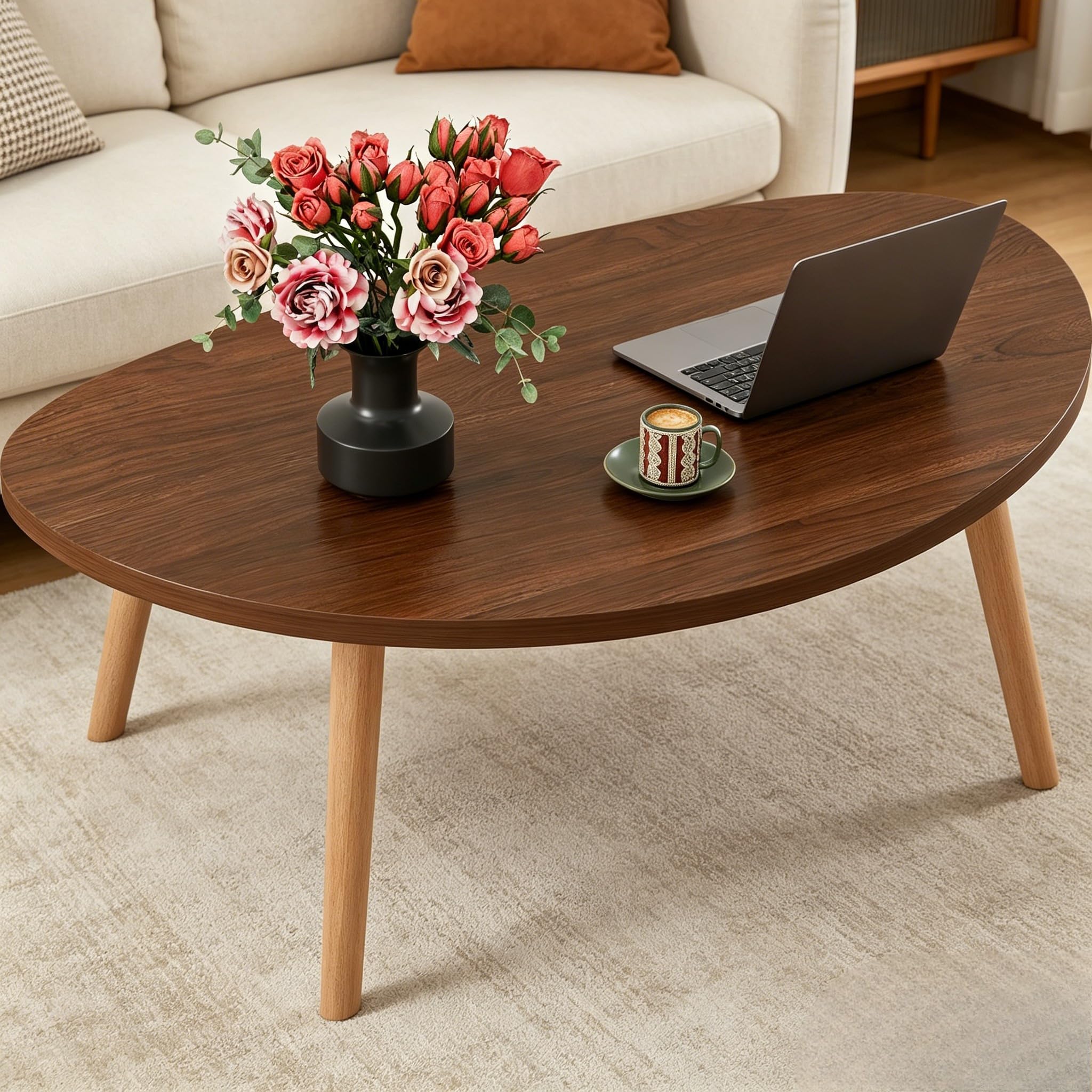 FAMIDGE Coffee Table, 23.6" Small Oval Coffee Tables for Small Space with 4 Solid Wood Leg, Floor Table Desk for Sitting on The Floor, Side Table Japanese Low Table for Living Room Apartment, Brown