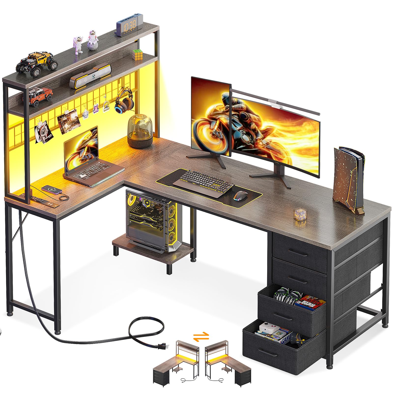 AODK L Shaped Desk Gaming Desk with LED Light & Power Outlet, 53 Inch Reversible L Shaped Computer Table with Shelf & Storage Bag & Hook for Home Office, Black