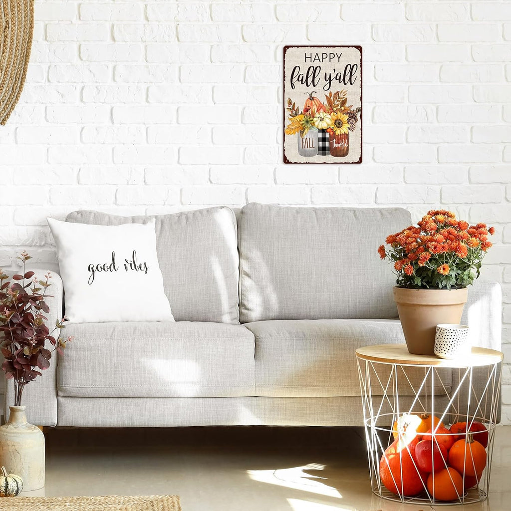 Whaline Fall Retro Tin Sign Autumn Thanksgiving Mason Jar Metal Sign Pumpkin Leaves Floral Flower Wall Art Welcome Holiday Decor Iron Plaque Signs for Club Bar Garage Wall Decor, 12 x 8 Inch