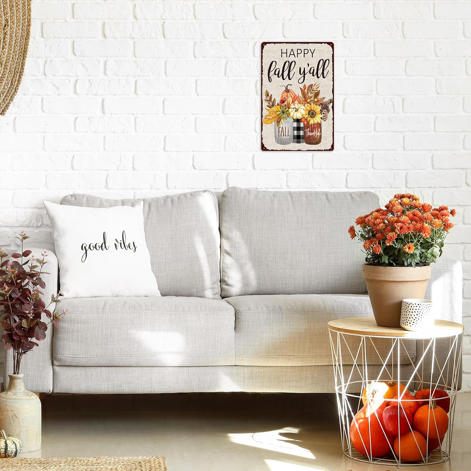 Whaline Fall Retro Tin Sign Autumn Thanksgiving Mason Jar Metal Sign Pumpkin Leaves Floral Flower Wall Art Welcome Holiday Decor Iron Plaque Signs for Club Bar Garage Wall Decor, 12 x 8 Inch