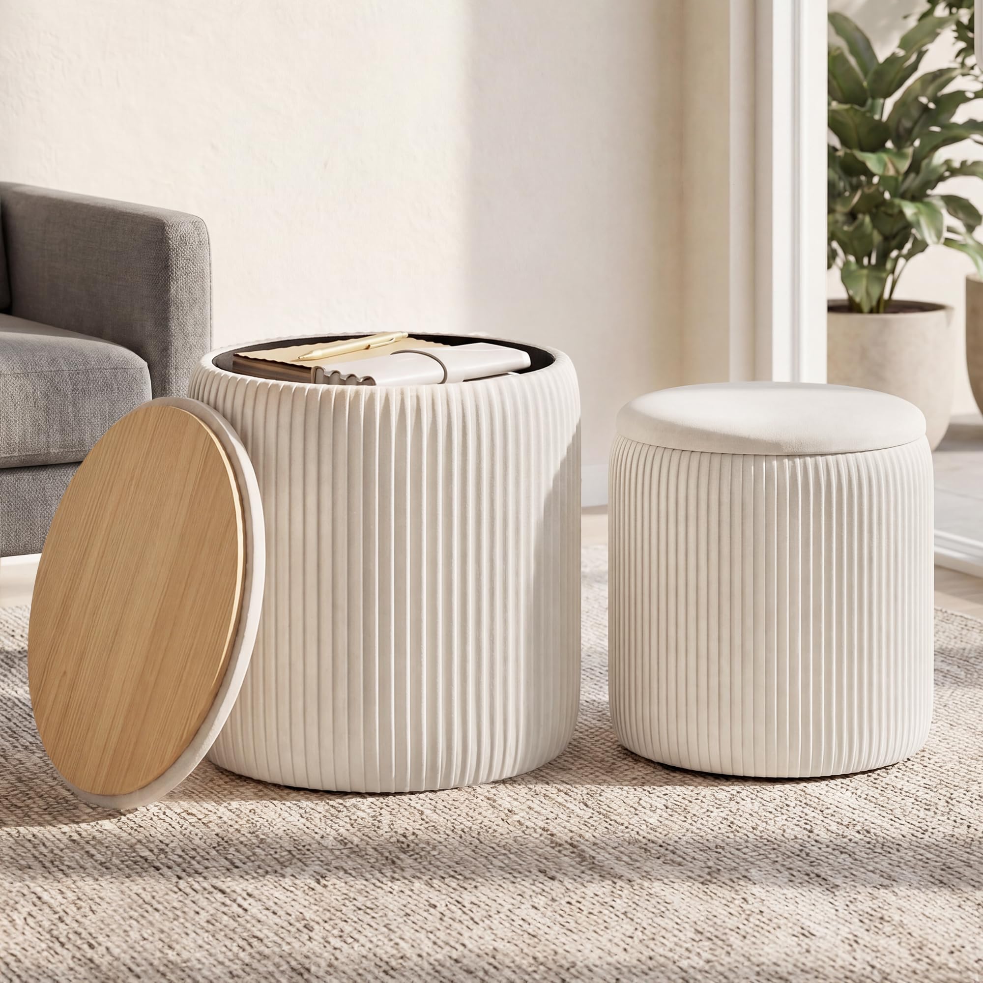 SONGMICS Vanity Stool, Set of 2, Round Storage Ottoman, Small Ottoman Coffee Table, Foot Stool, Removable Lid, for Living Room, Bedroom, Hallway, Easy Assembly, Teddy Fleece, Cream White ULOM013WD01