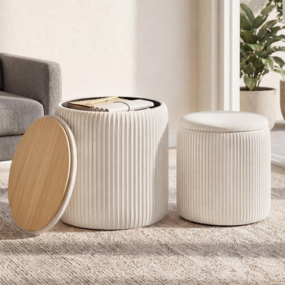 SONGMICS Vanity Stool, Set of 2, Round Storage Ottoman, Small Ottoman Coffee Table, Foot Stool, Removable Lid, for Living Room, Bedroom, Hallway, Easy Assembly, Teddy Fleece, Cream White ULOM013WD01