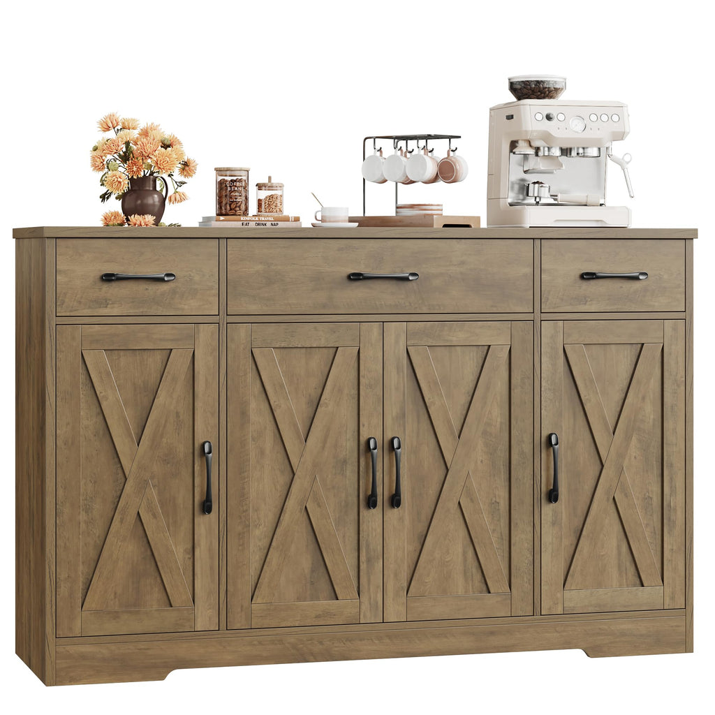 HOSTACK Buffet Cabinet with Drawers, 55" Large Sideboard Buffet Storage Cabinet with Shelves and Doors, Modern Farmhouse Coffee Bar Station Wood Kitchen Table for Kitchen, Dining Room, White/Rustic