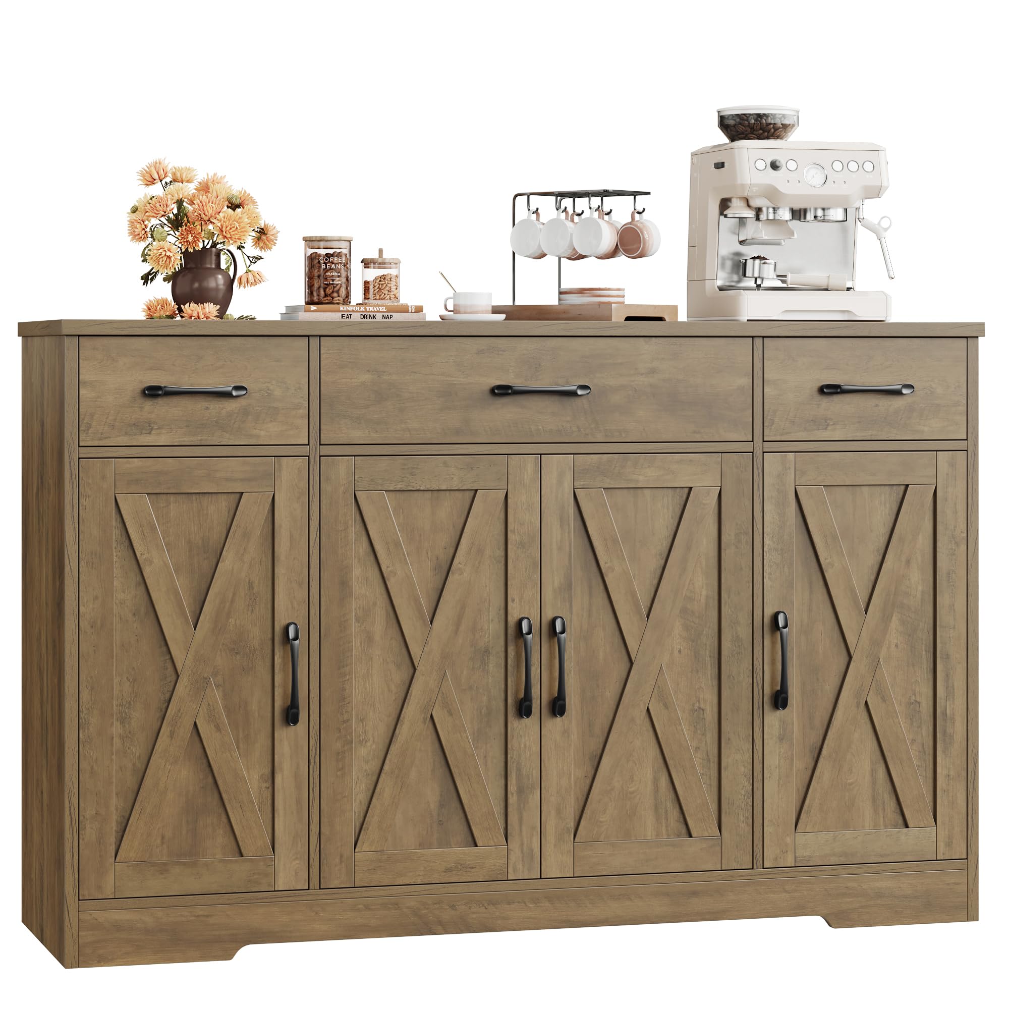 HOSTACK Buffet Cabinet with Drawers, 55" Large Sideboard Buffet Storage Cabinet with Shelves and Doors, Modern Farmhouse Coffee Bar Station Wood Kitchen Table for Kitchen, Dining Room, White/Rustic