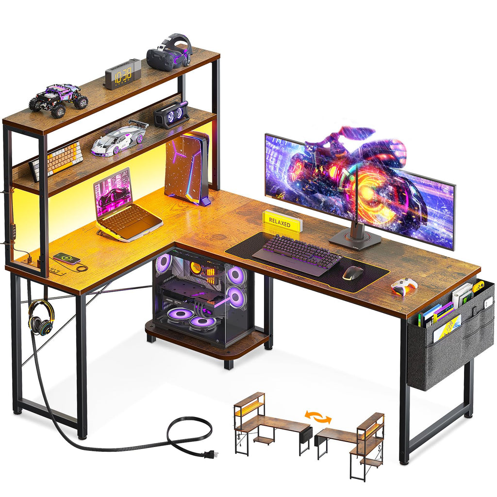 ODK 53 Inch L Shaped Gaming Desk with LED Lighting, Reversible Desk with Power Outlets, Cornor Computer Table with Storage Shelves & Bag & Iron Hook, Home Office Table for Writing, Study, Black