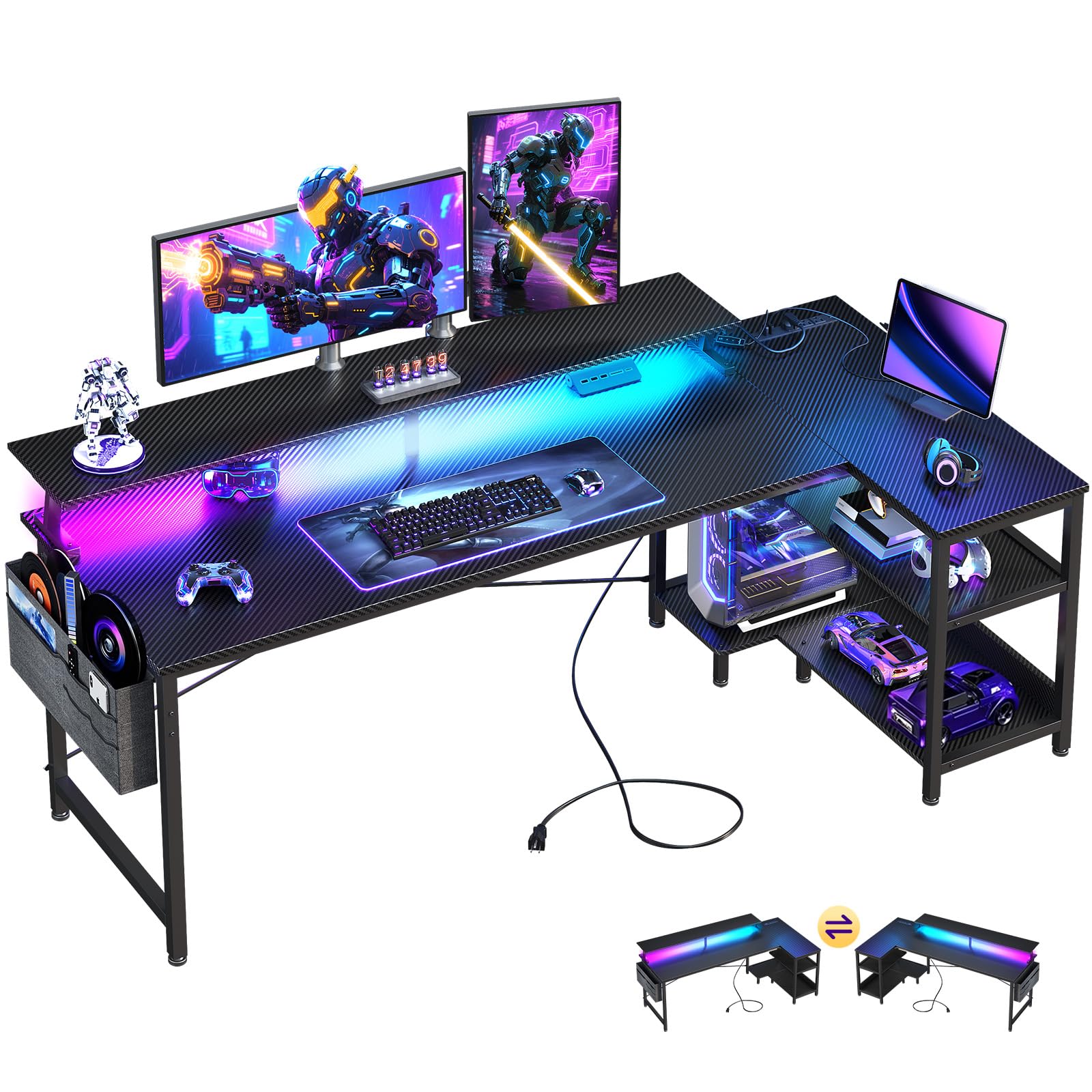 ODK 48 Inch Gaming Desk with USB Charging Ports and LED Lights, Reversible L Shaped Computer Desk with Storage Shelves & Monitor Stand, Corner Gamer Desk Table with Power Outlets, Black