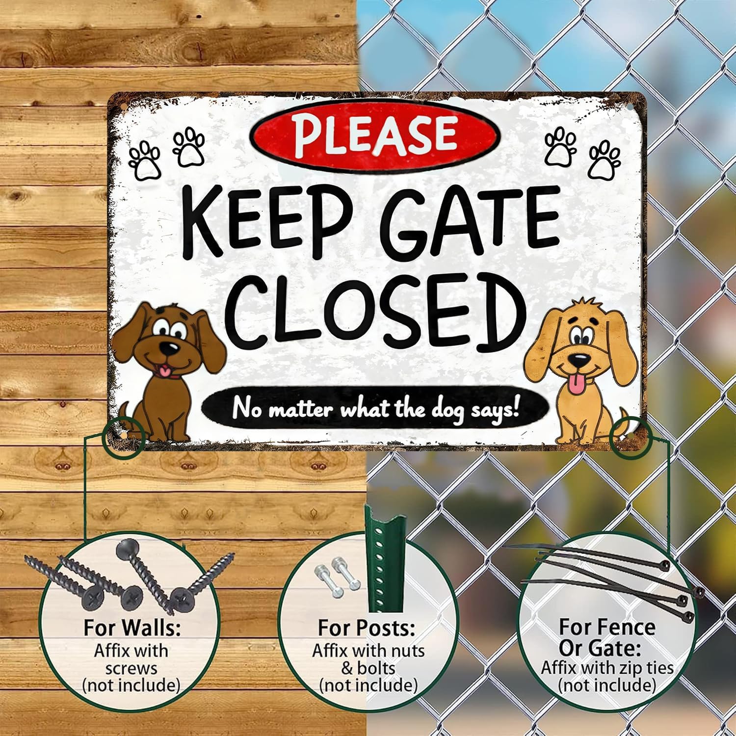 Keep Gate Closed Sign Dogs - No Matter What The Dog Says Metal Sign, Funny Tin Signs for Wall Decor Indoor Outdoor Kennel 8x12 inch