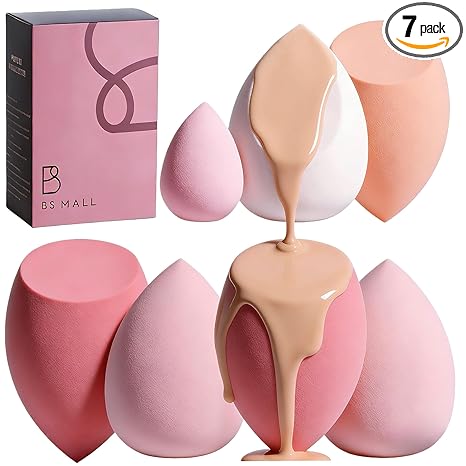Makeup Sponge Set BS-MALL with Storage Case 7 Pcs for Liquid, Cream, and Powder,SAVE Foundation with 1 Mini Makeup Sponge For Travel Daily Use (A-Pink）