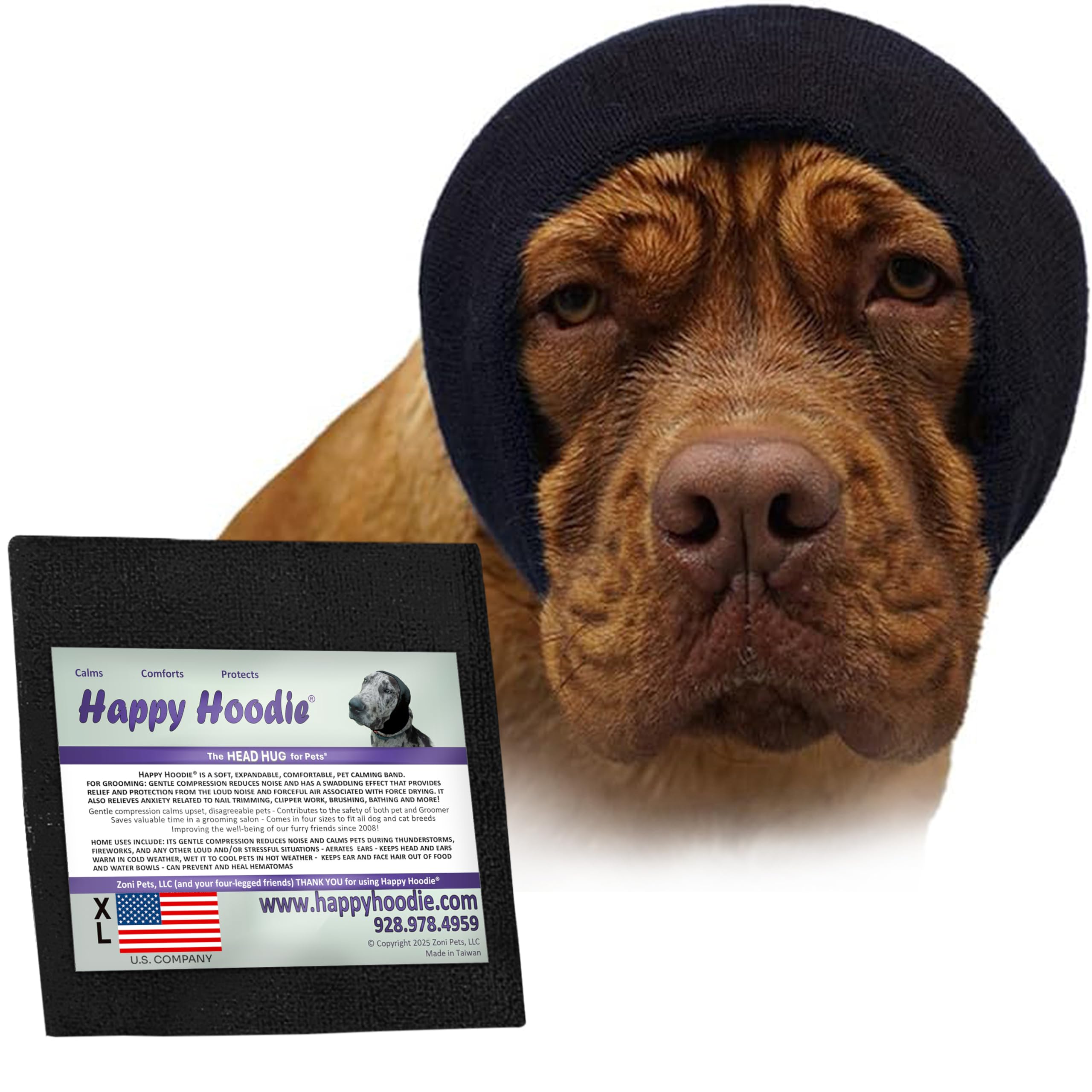 Happy Hoodie The Original Dog & Cat Calming Band - American Brand - Anxiety Relief/Noise Protection-Grooming-Thunder-Fireworks (Large, Blue) - Since 2008