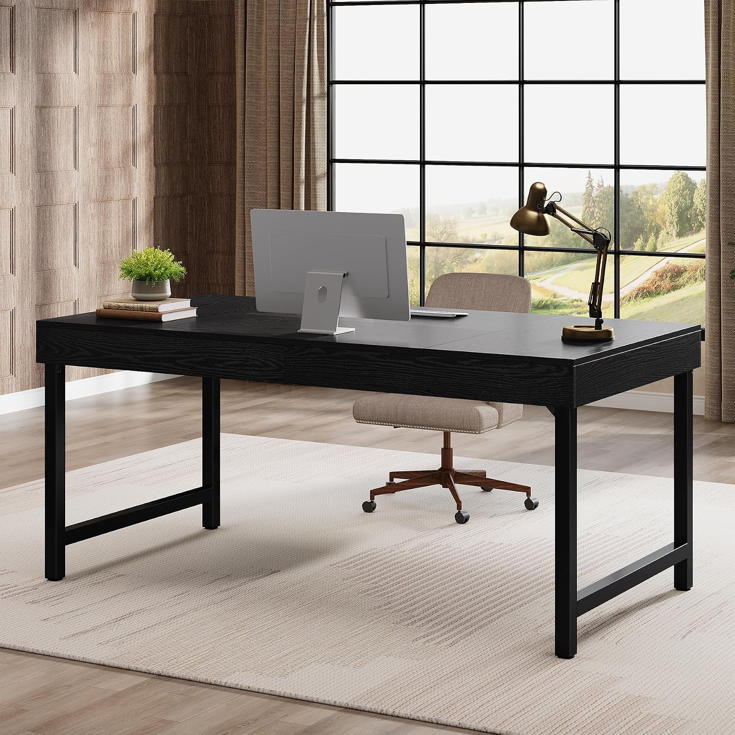 Tribesigns 55" Industrial Executive Desk for Home Office, Rustic Simple Computer Laptop Desk with Strong Metal Legs, Study Writing Table Business Workstation, Small Conference Table Black