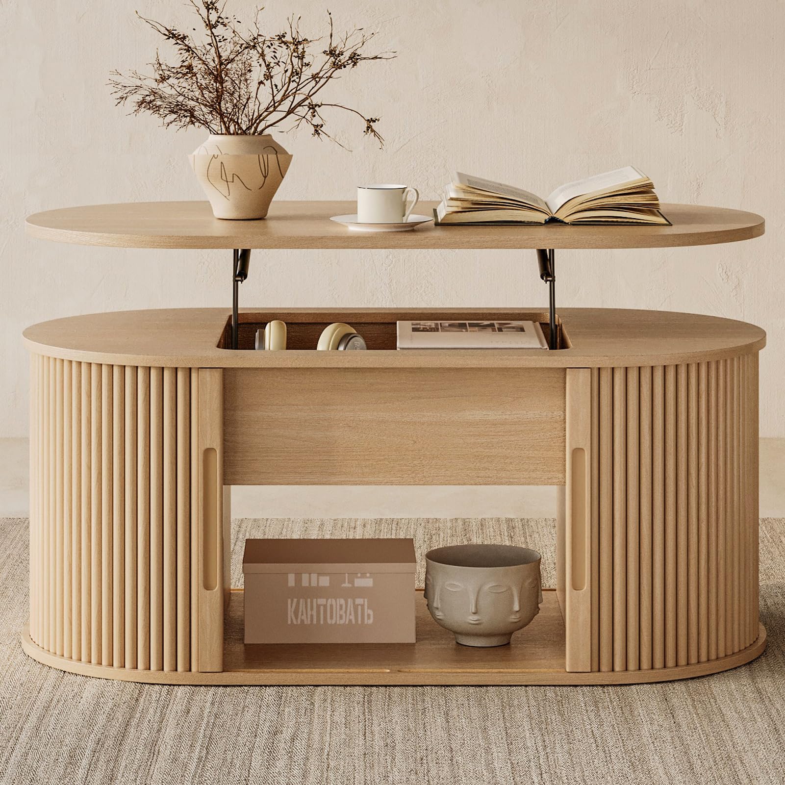 LINSY Lift Top Coffee Table, Oval Fluted Coffee Table with Storage, Mid Century Modern Wooden Coffee Tables with Sliding Tambour Door, 39" Center Table for Living Room, Office, Small Space, Walnut