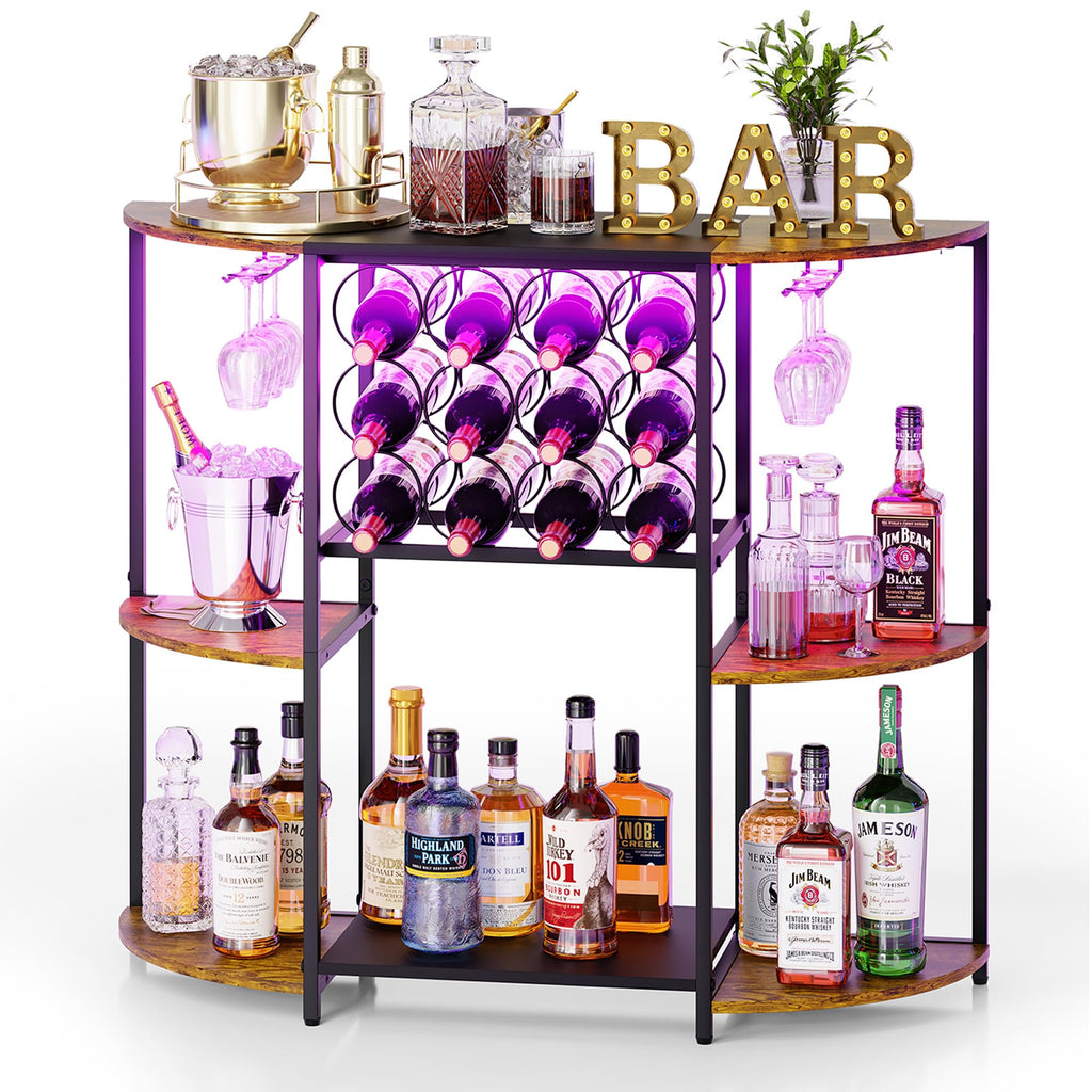 JKsmart Small Wine Bar Cart with LED Lights, Mini Wine Rack with Storage and Glass Holder, Home Bar Cart for Liquor, 3-Tier Bar Table for Kitchen, Dining Room, Living Room, Rustic Brown