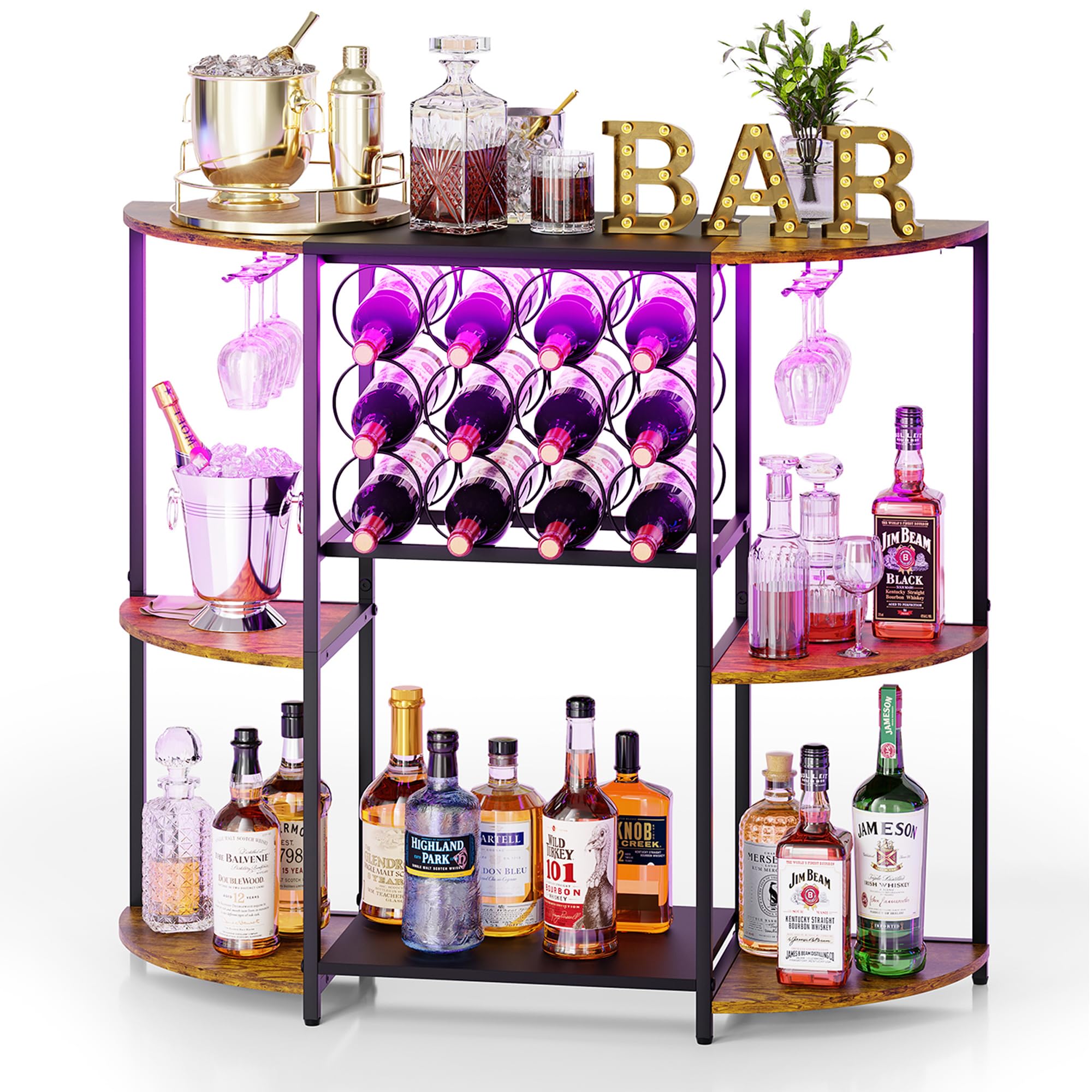 JKsmart Small Wine Bar Cart with LED Lights, Mini Wine Rack with Storage and Glass Holder, Home Bar Cart for Liquor, 3-Tier Bar Table for Kitchen, Dining Room, Living Room, Rustic Brown