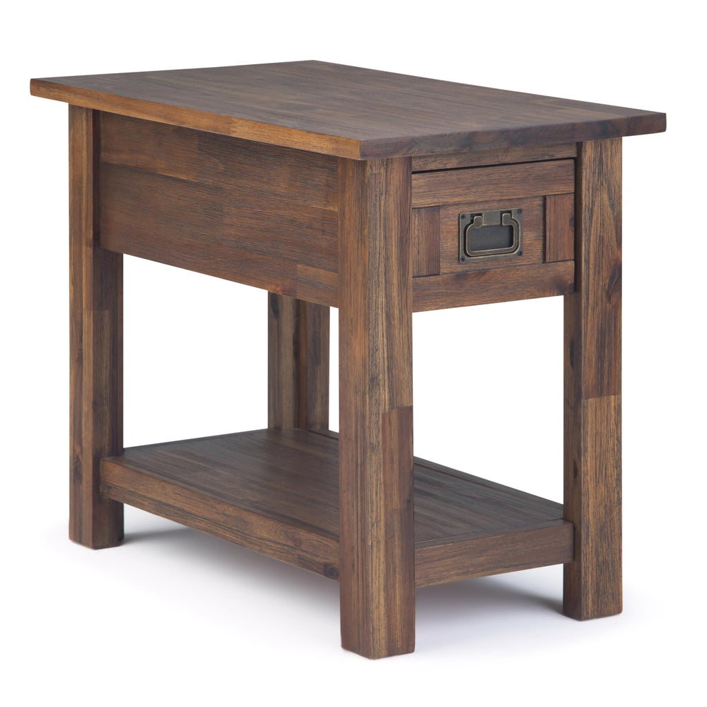 SIMPLIHOME Monroe End Table - 22 inch Wide Solid Acacia Wood Side Table in Distressed Charcoal Brown, Rustic Accent Table for Living Room or Bedroom with Drawer and Shelf