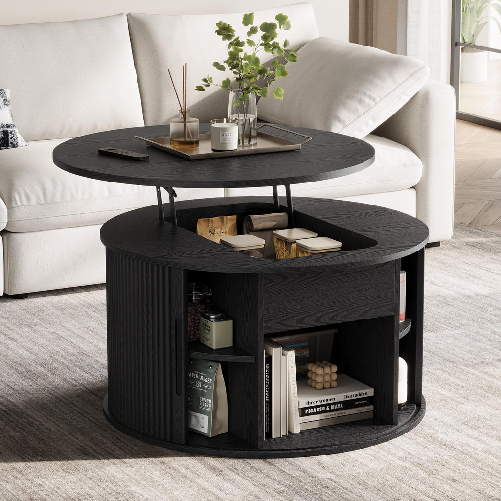 LINSY Lift Top Coffee Table, Oval Fluted Coffee Table with Storage, Mid Century Modern Wooden Coffee Tables with Sliding Tambour Door, 39" Center Table for Living Room, Office, Small Space, Walnut