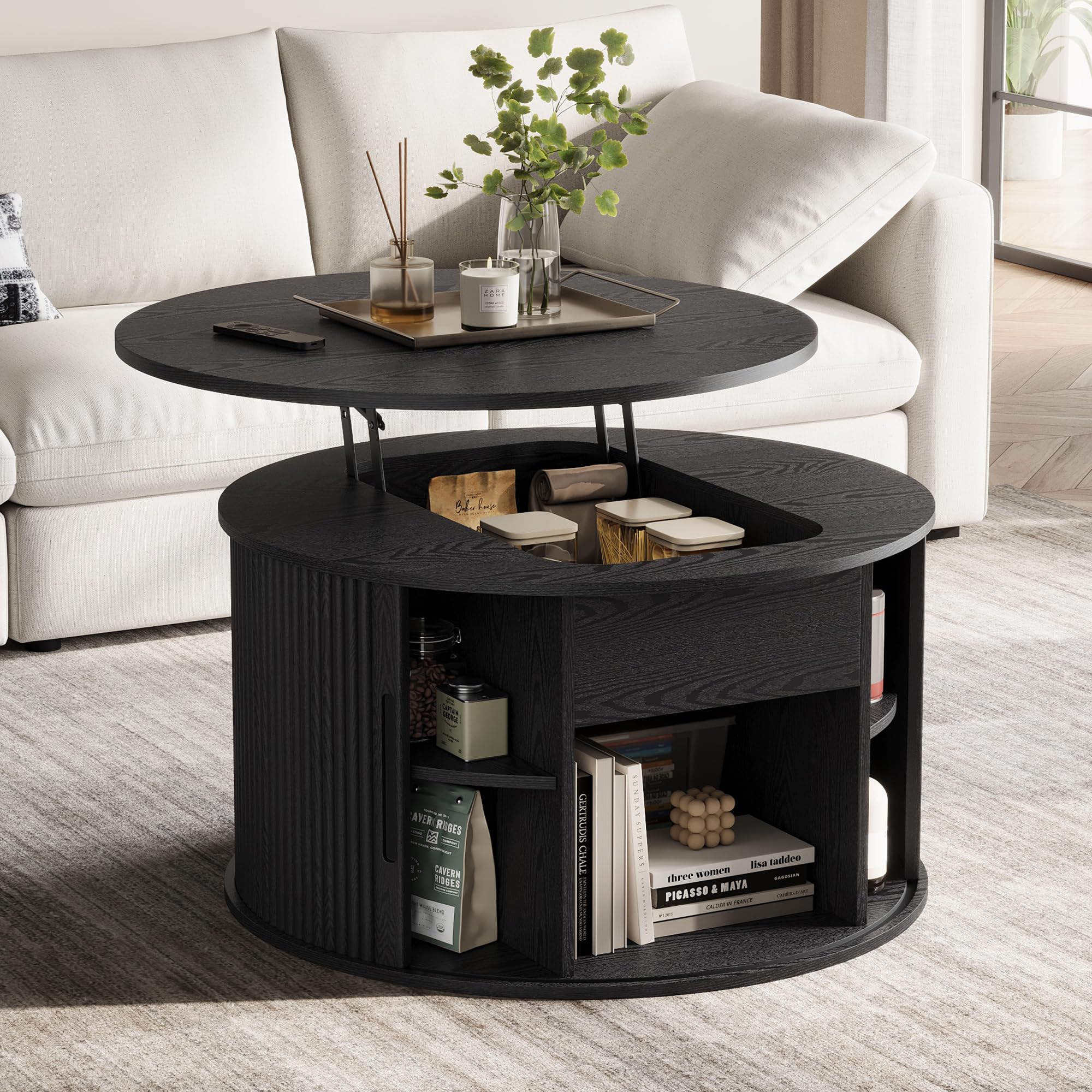 LINSY Lift Top Coffee Table, Oval Fluted Coffee Table with Storage, Mid Century Modern Wooden Coffee Tables with Sliding Tambour Door, 39" Center Table for Living Room, Office, Small Space, Walnut