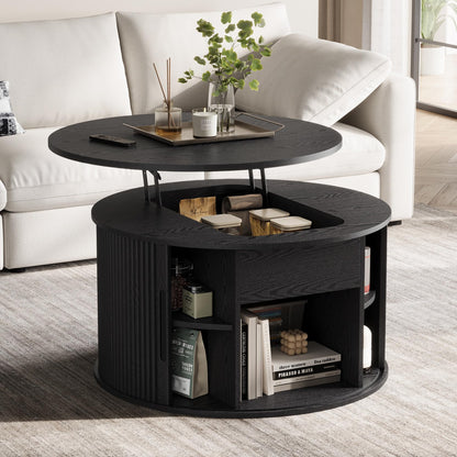 LINSY Lift Top Coffee Table, Oval Fluted Coffee Table with Storage, Mid Century Modern Wooden Coffee Tables with Sliding Tambour Door, 39" Center Table for Living Room, Office, Small Space, Walnut