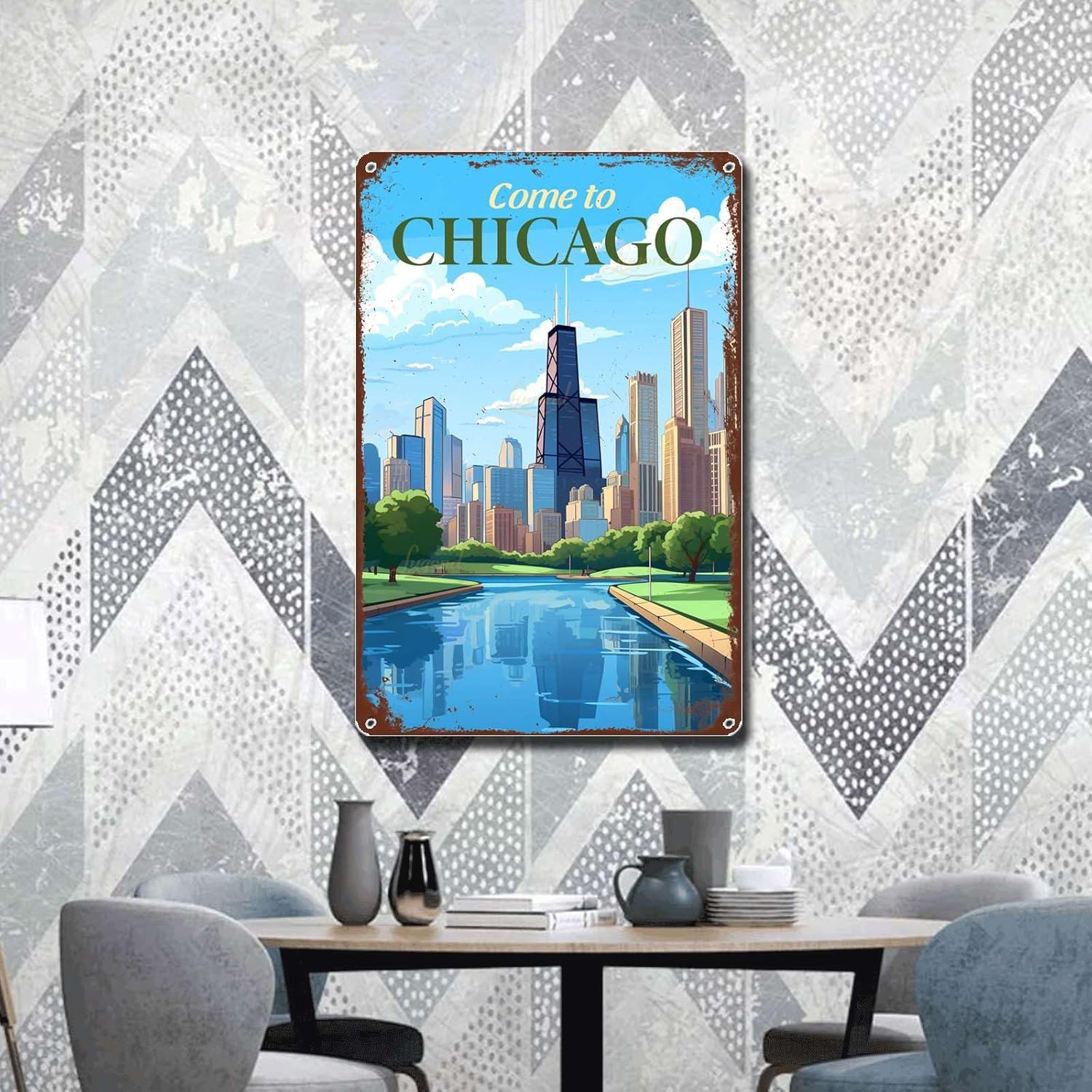 Lygond Metal Sign Tin Sign Vintage Wall Art Come to Chicago Travel Greenhouse Decor for Gift 8×12 Inches