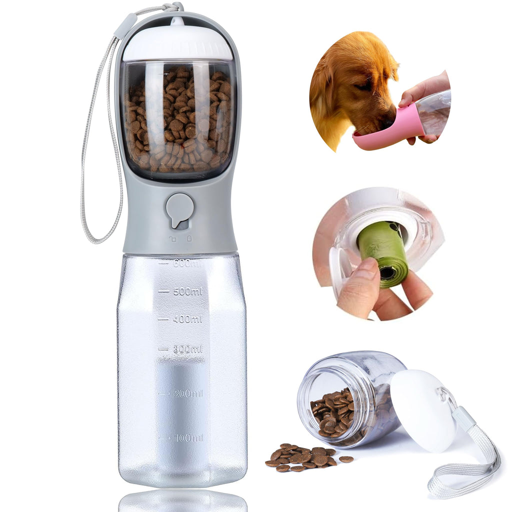 Dog Water Bottle with Food Container, Portable Pet Dog Water Dispenser for Outdoor Walking,Hiking,Travel,Puppy Essentials,Puppy Supplies,Replaceable Waste Bags