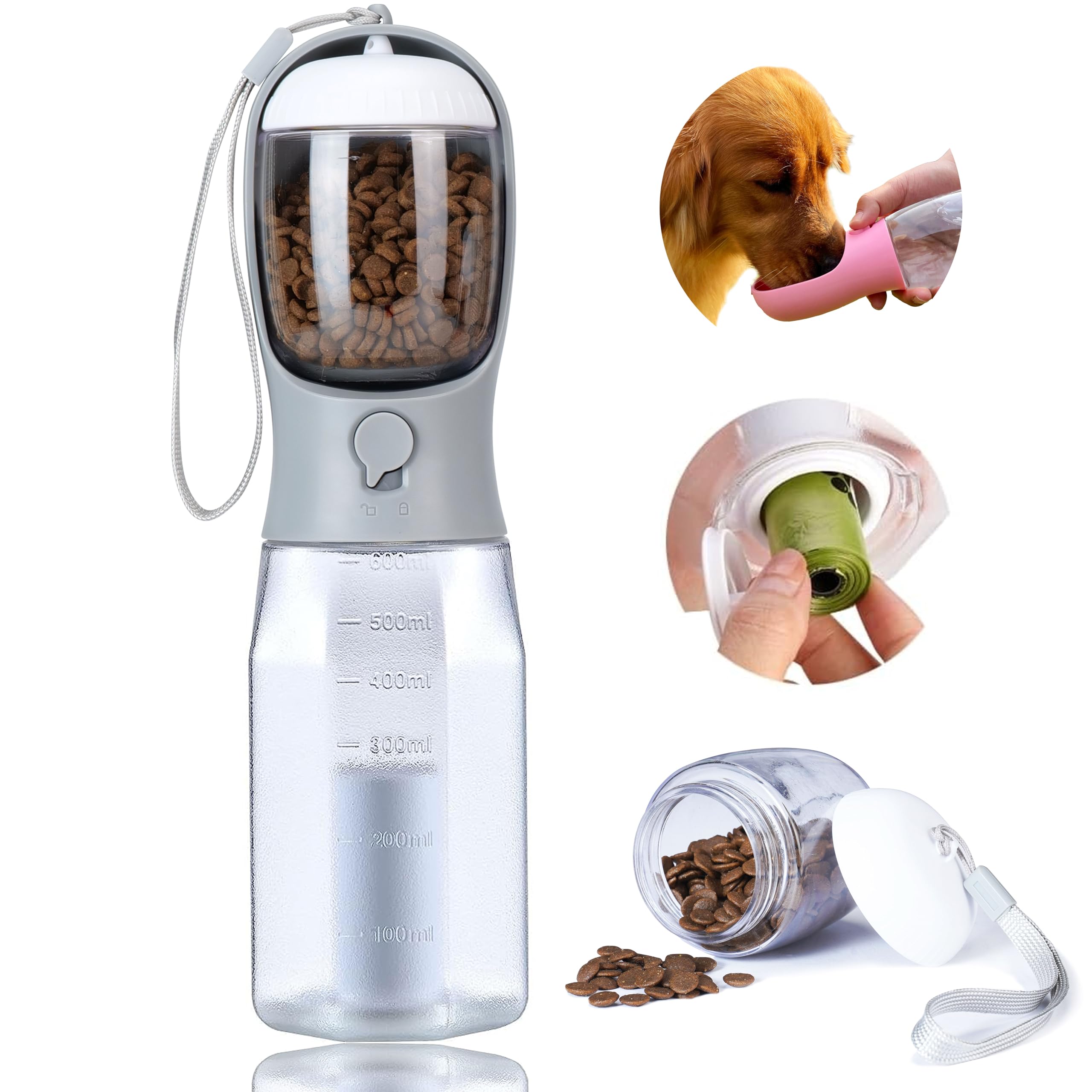 Dog Water Bottle with Food Container, Portable Pet Dog Water Dispenser for Outdoor Walking,Hiking,Travel,Puppy Essentials,Puppy Supplies,Replaceable Waste Bags