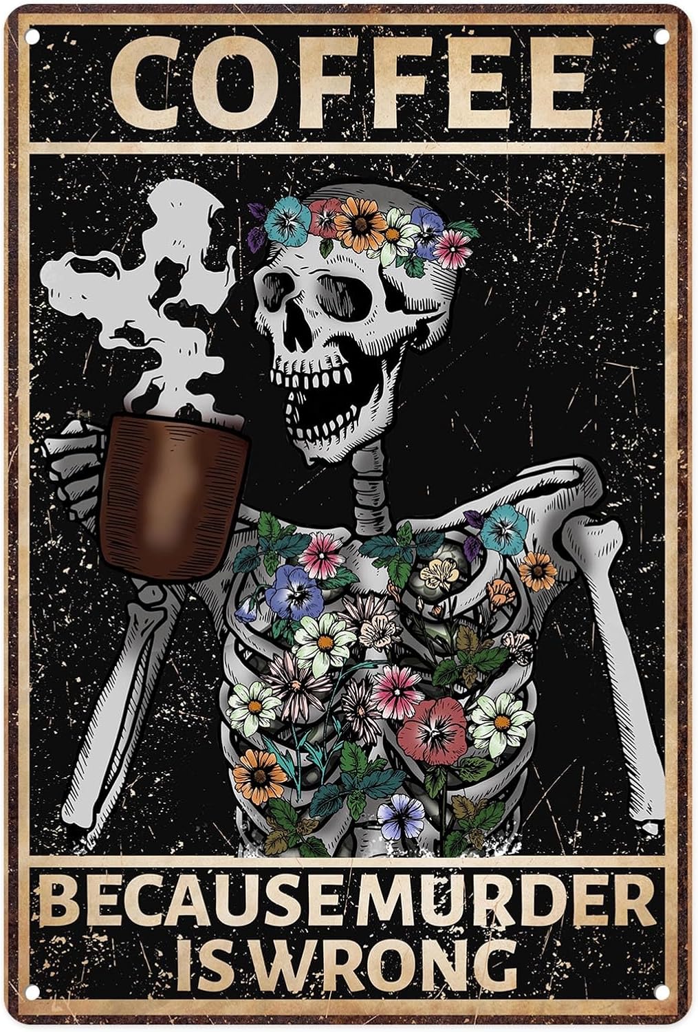 Sanwarm Metal Sign Coffee Skull Retro Flower Horror Vintage Tin Sign For Living Room Cafe Bar Club Office Home Wall Decor 12 X 8 Inch