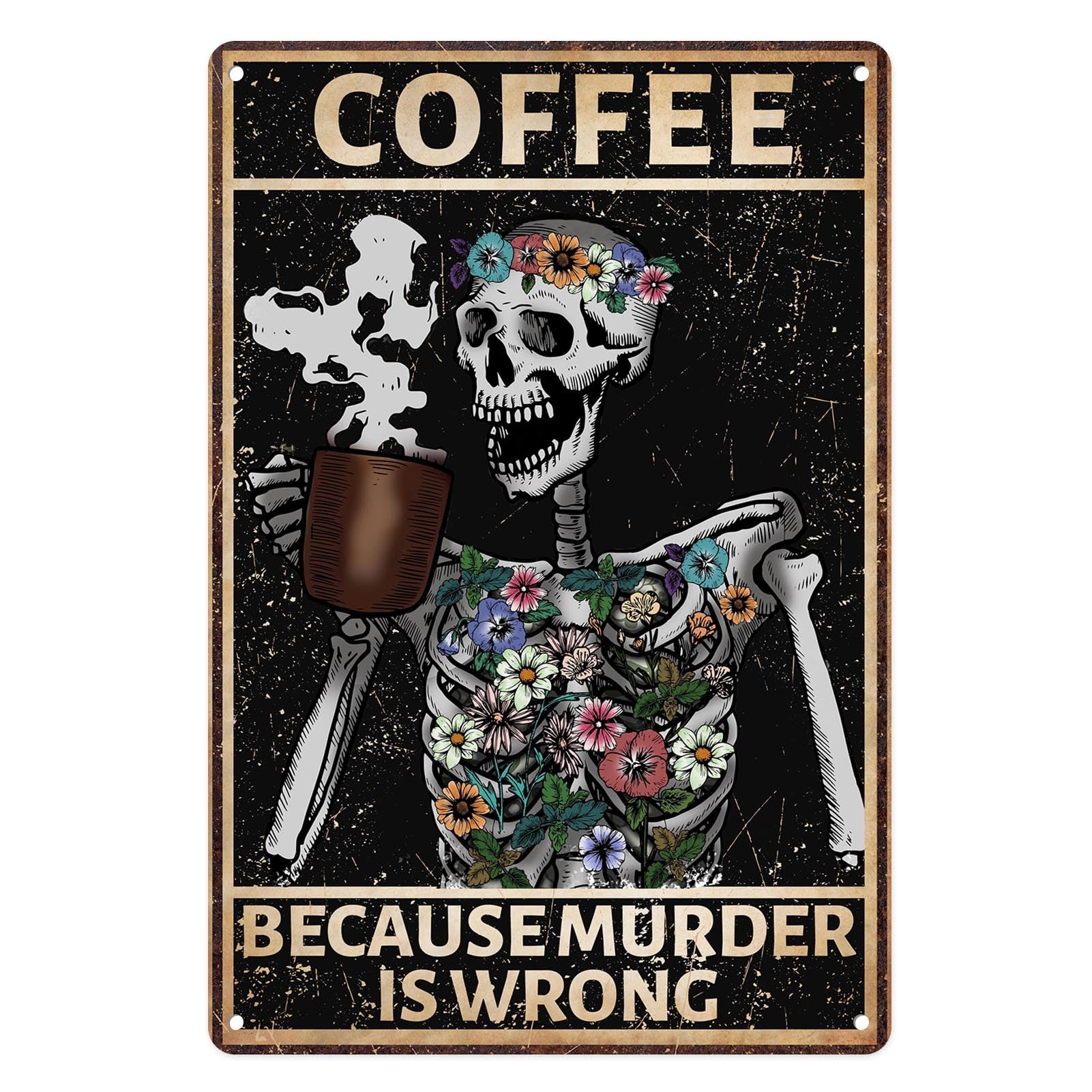 Sanwarm Metal Sign Coffee Skull Retro Flower Horror Vintage Tin Sign For Living Room Cafe Bar Club Office Home Wall Decor 12 X 8 Inch