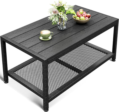 ODK Outdoor Coffee Table with Double-Layer Storage, Rectangle Weather-Resistant Patio Coffee Table for Garden, Balcony, Hot Tub, Poolside, Heavy-Duty Metal Frame, Black