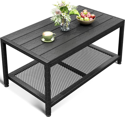 ODK Outdoor Coffee Table with Double-Layer Storage, Rectangle Weather-Resistant Patio Coffee Table for Garden, Balcony, Hot Tub, Poolside, Heavy-Duty Metal Frame, Black